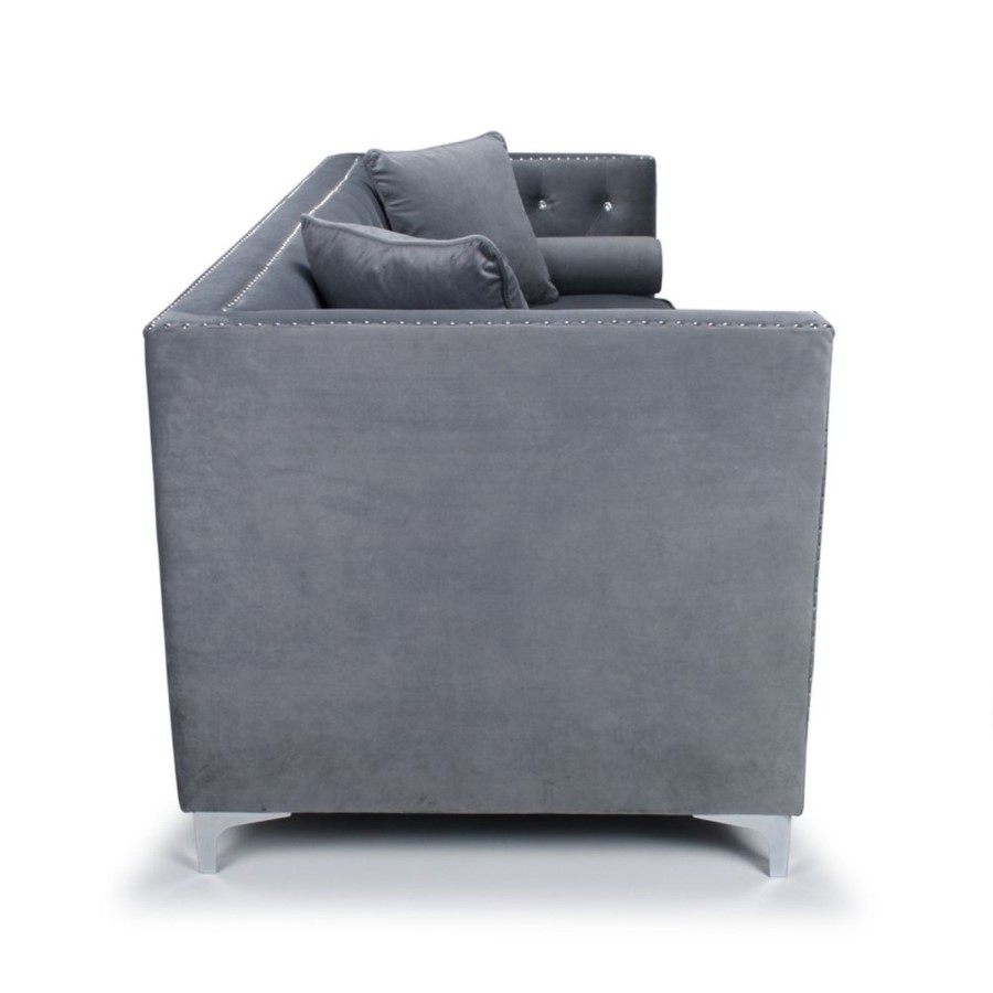 Grey Brushed Velvet 4 Seater Sofa - Diamante Button & Tufted Detailing
