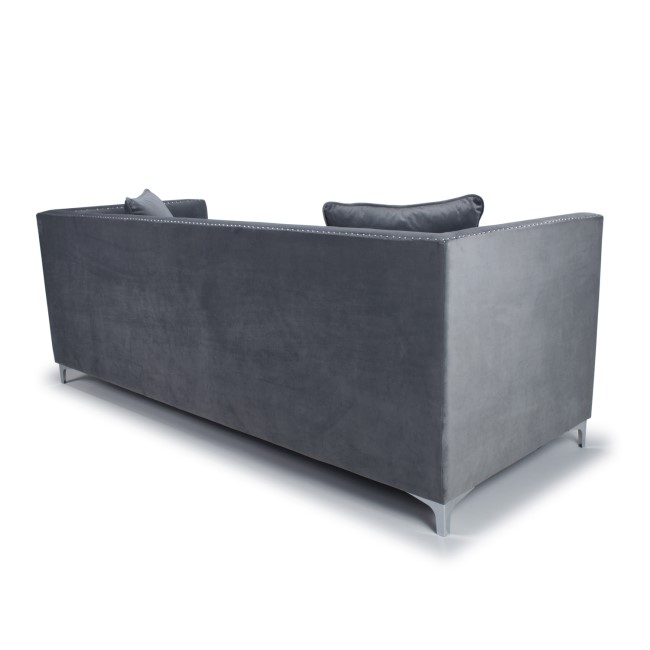 Grey Brushed Velvet 4 Seater Sofa - Diamante Button & Tufted Detailing