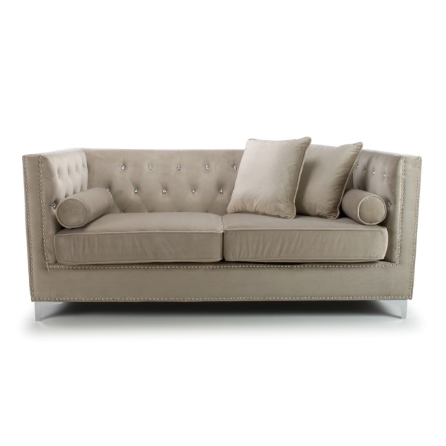 Mink Brushed Velvet 3 Seater Sofa - Diamante Button & Tufted Detailing