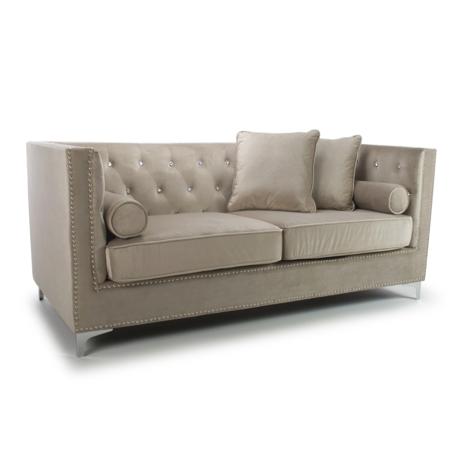 Mink Brushed Velvet 3 Seater Sofa - Diamante Button & Tufted Detailing