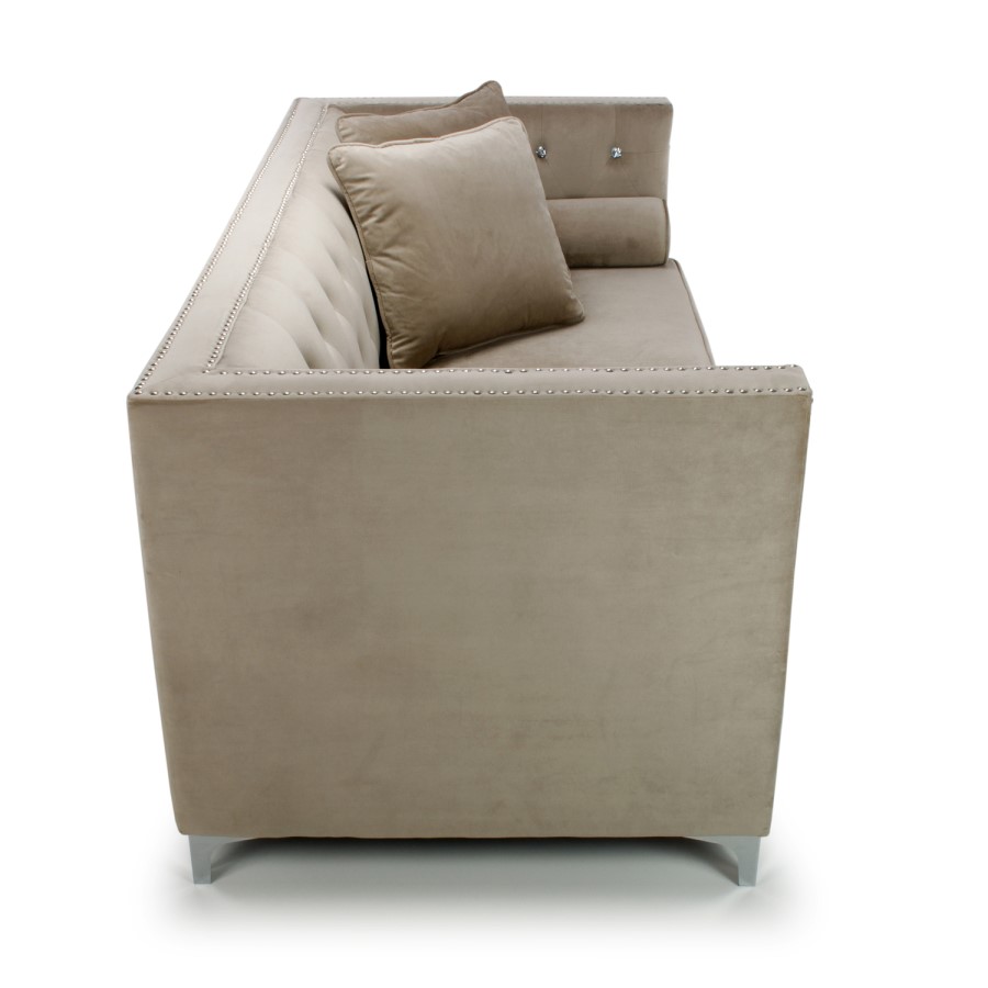 Mink Brushed Velvet 3 Seater Sofa - Diamante Button & Tufted Detailing