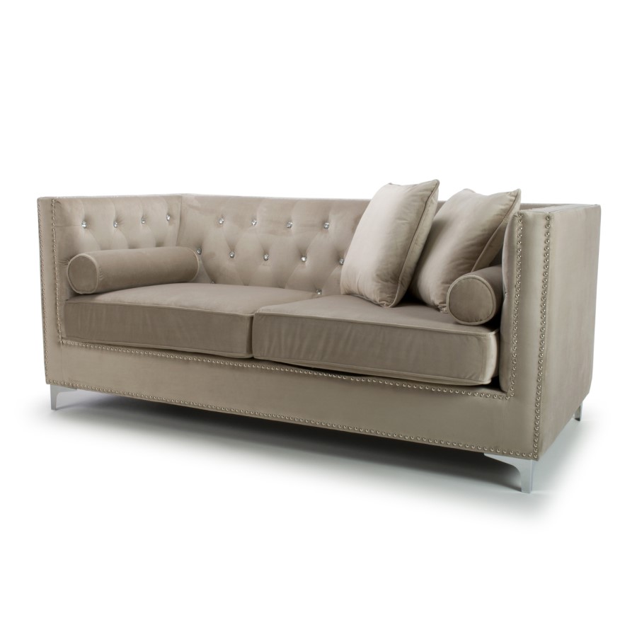 Mink Brushed Velvet 3 Seater Sofa - Diamante Button & Tufted Detailing