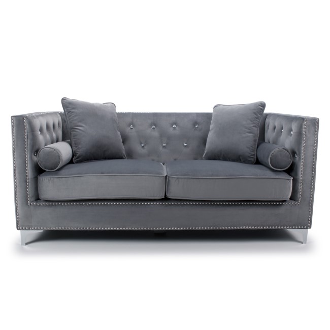 Grey Brushed Velvet 3 Seater Sofa - Diamante Button & Tufted Detailing