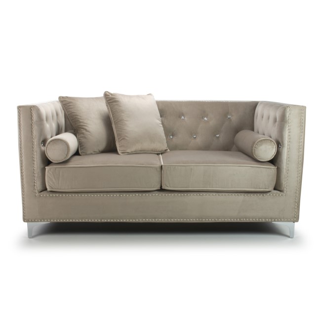 Mink Brushed Velvet 2 Seater Sofa - Diamante Button & Tufted Detailing