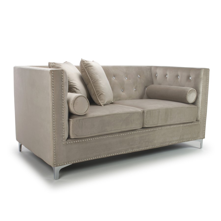 Mink Brushed Velvet 2 Seater Sofa - Diamante Button & Tufted Detailing