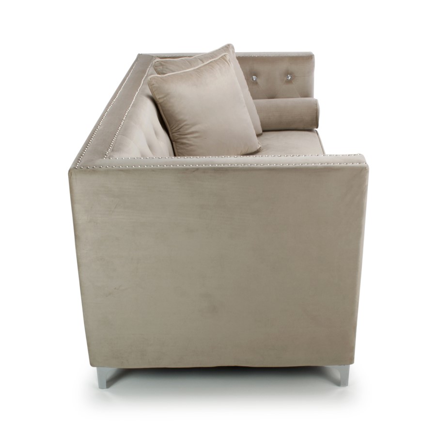 Mink Brushed Velvet 2 Seater Sofa - Diamante Button & Tufted Detailing