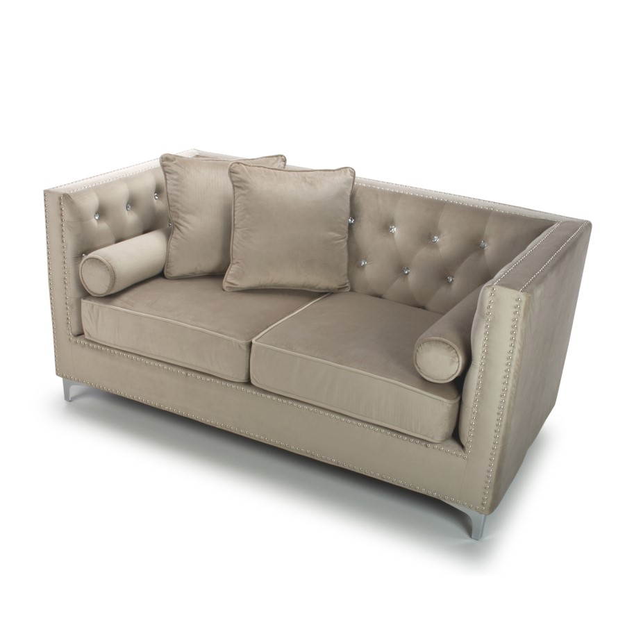 Mink Brushed Velvet 2 Seater Sofa - Diamante Button & Tufted Detailing