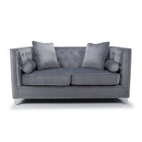 Grey Brushed Velvet 2 Seater Square Edge Diamante Buttons Luxury Sofa