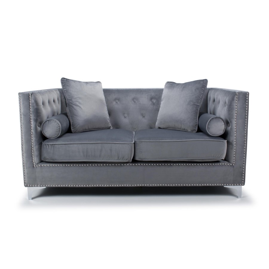 Grey Brushed Velvet 2 Seater Square Edge Diamante Buttons Luxury Sofa