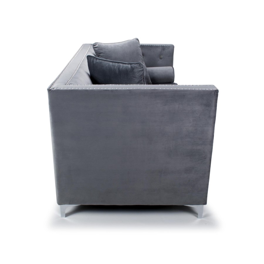 Grey Brushed Velvet 2 Seater Square Edge Diamante Buttons Luxury Sofa
