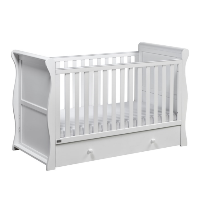 White Cot Bed with Drawer and 3 Adjustable Heights East Coast