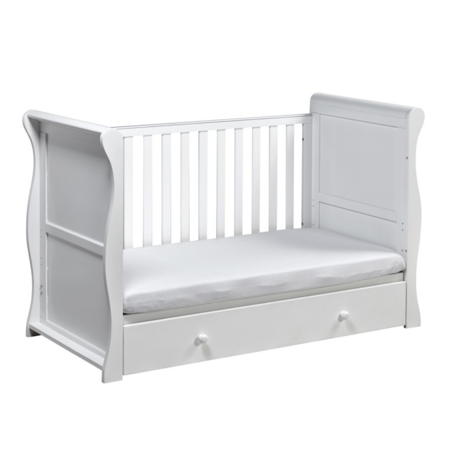 White Cot Bed with Drawer and 3 Adjustable Heights - East Coast Nebraska