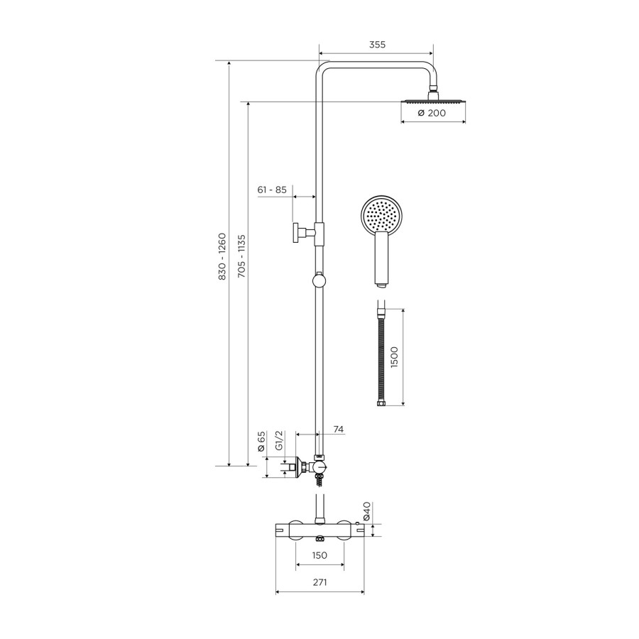 Nickel Thermostatic Bar Mixer Shower Set with Round Overhead & Handset - Equate