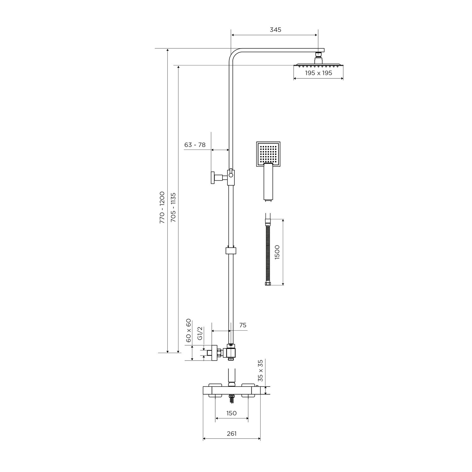 Brass Thermostatic Bar Mixer Shower Set with Square Overhead & Handset ...