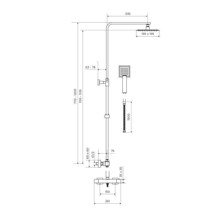 Brass Thermostatic Bar Mixer Shower Set with Square Overhead & Handset - Observa