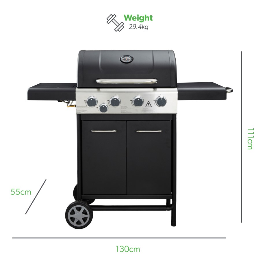 Dangrill 4 Burner Gas BBQ in Black With Side Burner