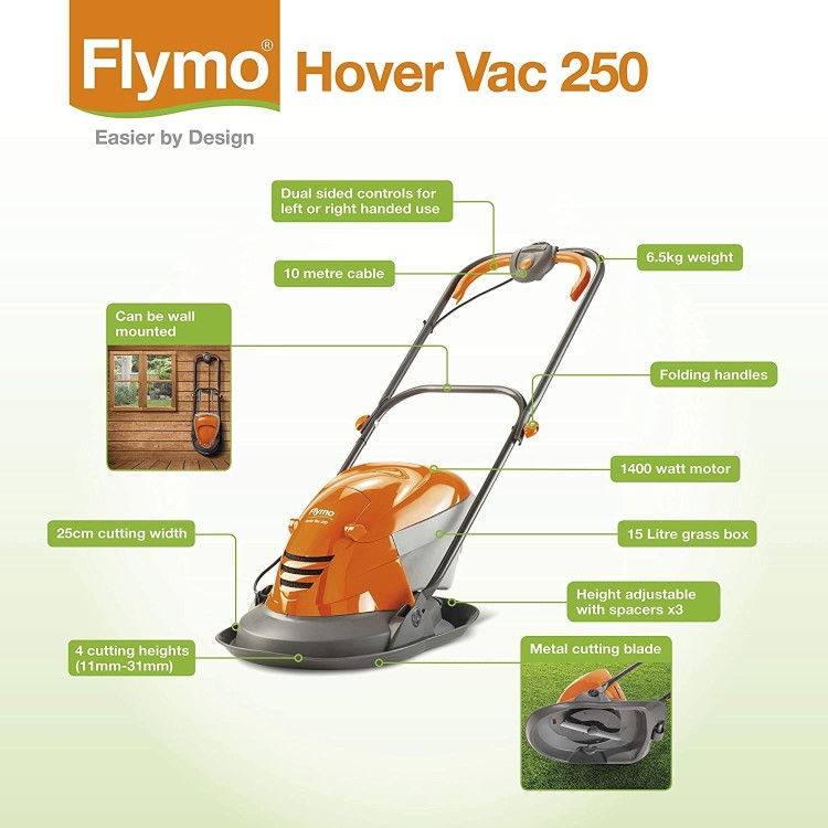 Flymo HoverVac 250 25cm Hover Corded Electric Lawnmower