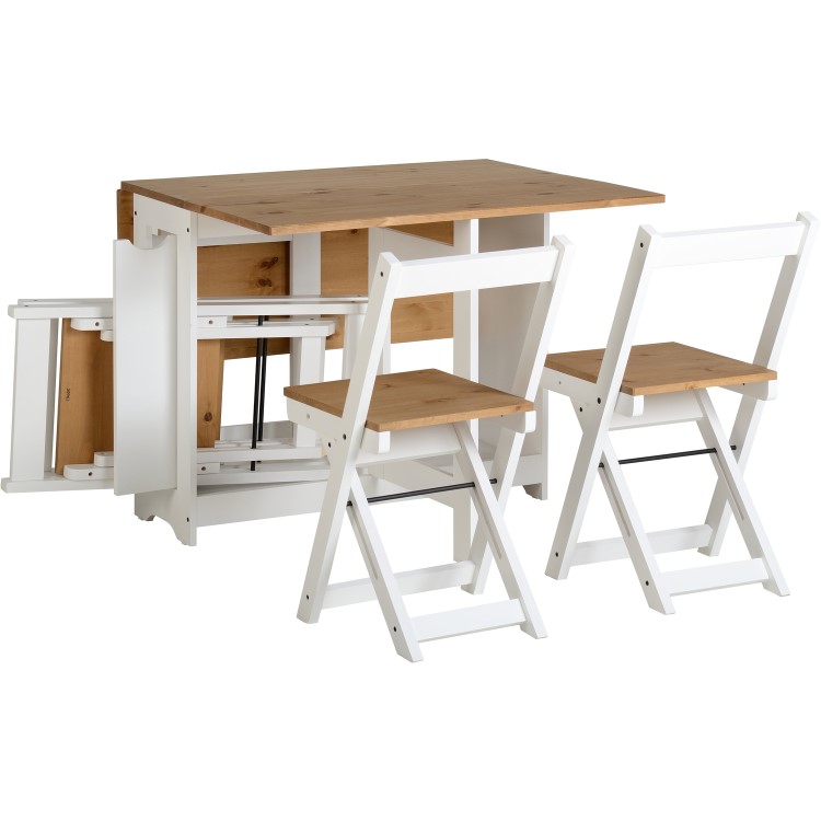 White and Pine Drop Leaf Dining Table Set with 4 Chairs - Seats 4 - Santos