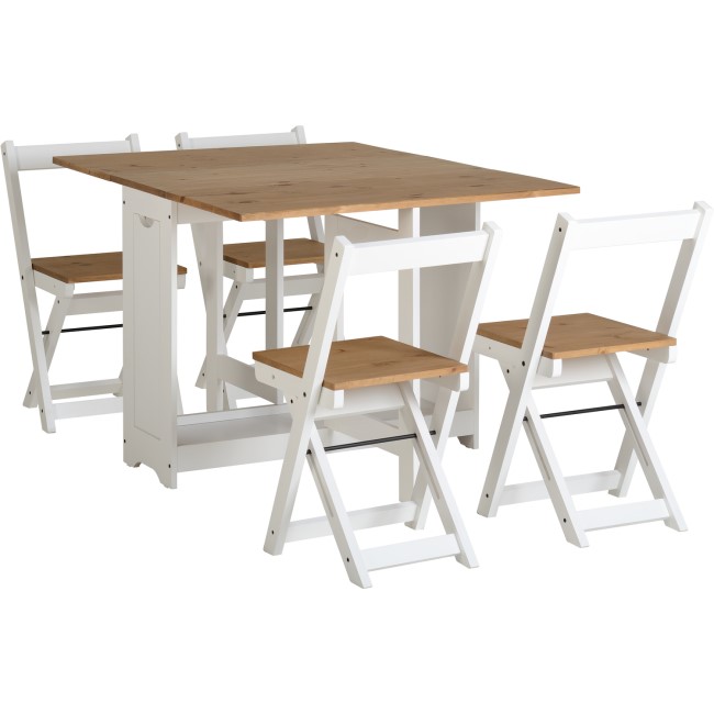 White and Pine Drop Leaf Dining Table Set with 4 Chairs - Seats 4 - Santos