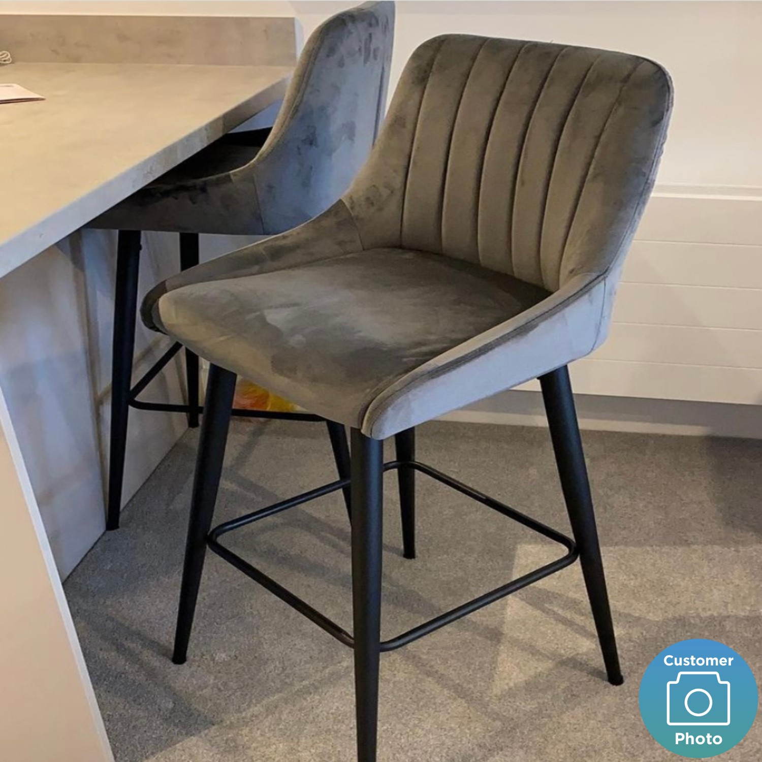 Grey Velvet Bar Stool with Back 77cm Macie Furniture123