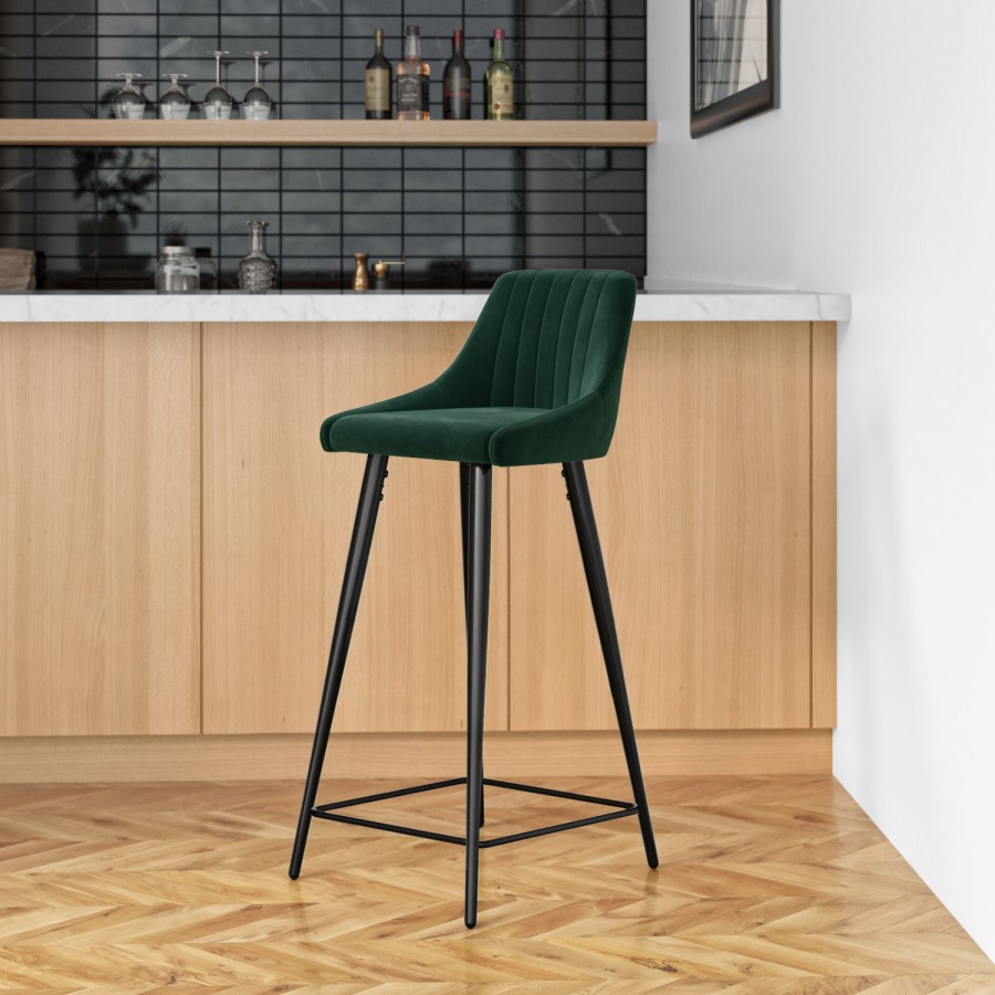 GRADE A1 - Dark Green Velvet Bar Stool with Back - 77cm - Macie