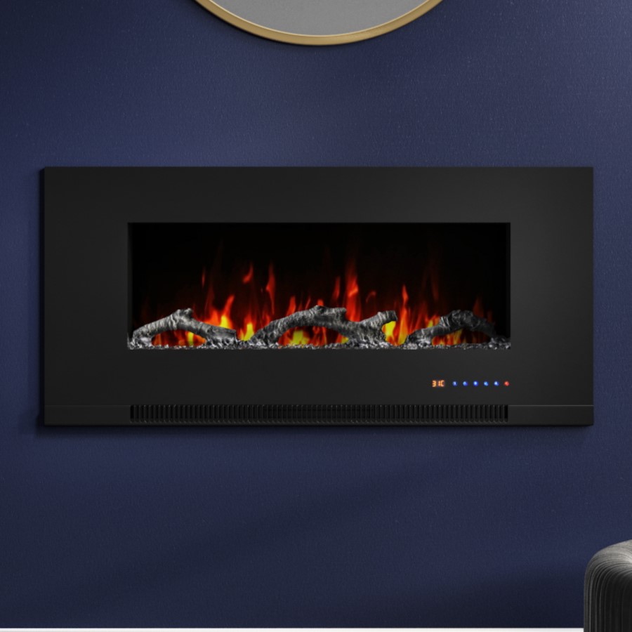 GRADE A1 - AmberGlo Black Wall Mounted Electric Fire with Logs & Crystal Fuel Beds