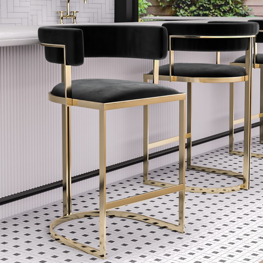 GRADE A1 - Black Velvet Kitchen Stool - 66cm - Alana Boutique