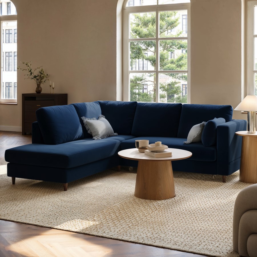 ONLY OPENED - Navy Velvet Left Hand Corner Sofa Bed with Storage - Seats 4 - Boe