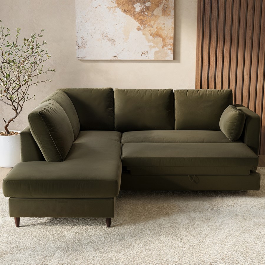 ALMOST PERFECT - Khaki Green Velvet Left Hand Corner Sofa Bed with Storage - Seats 4 - Boe