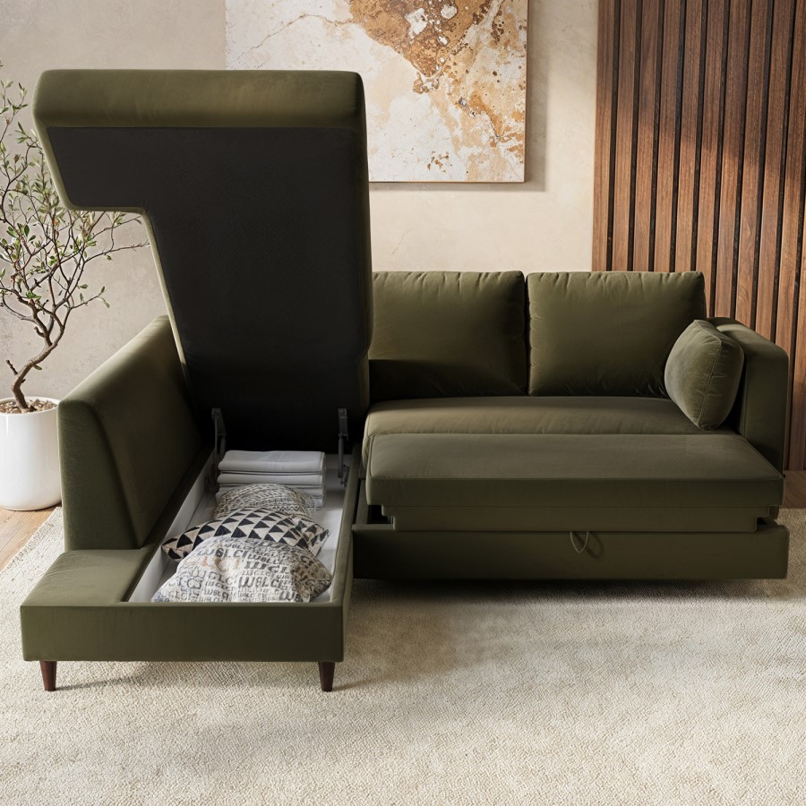 ALMOST PERFECT - Khaki Green Velvet Left Hand Corner Sofa Bed with Storage - Seats 4 - Boe