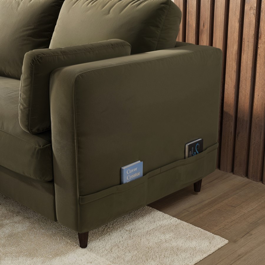 ALMOST PERFECT - Khaki Green Velvet Left Hand Corner Sofa Bed with Storage - Seats 4 - Boe