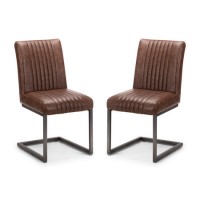GRADE A1 - Pair of Brooklyn Dining Chairs - Brown Faux Leather & Square Gunmetal