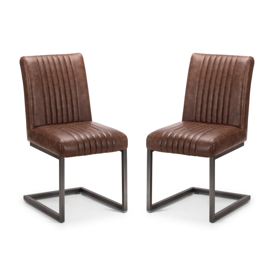 GRADE A1 - Pair of Brooklyn Dining Chairs - Brown Faux Leather & Square Gunmetal