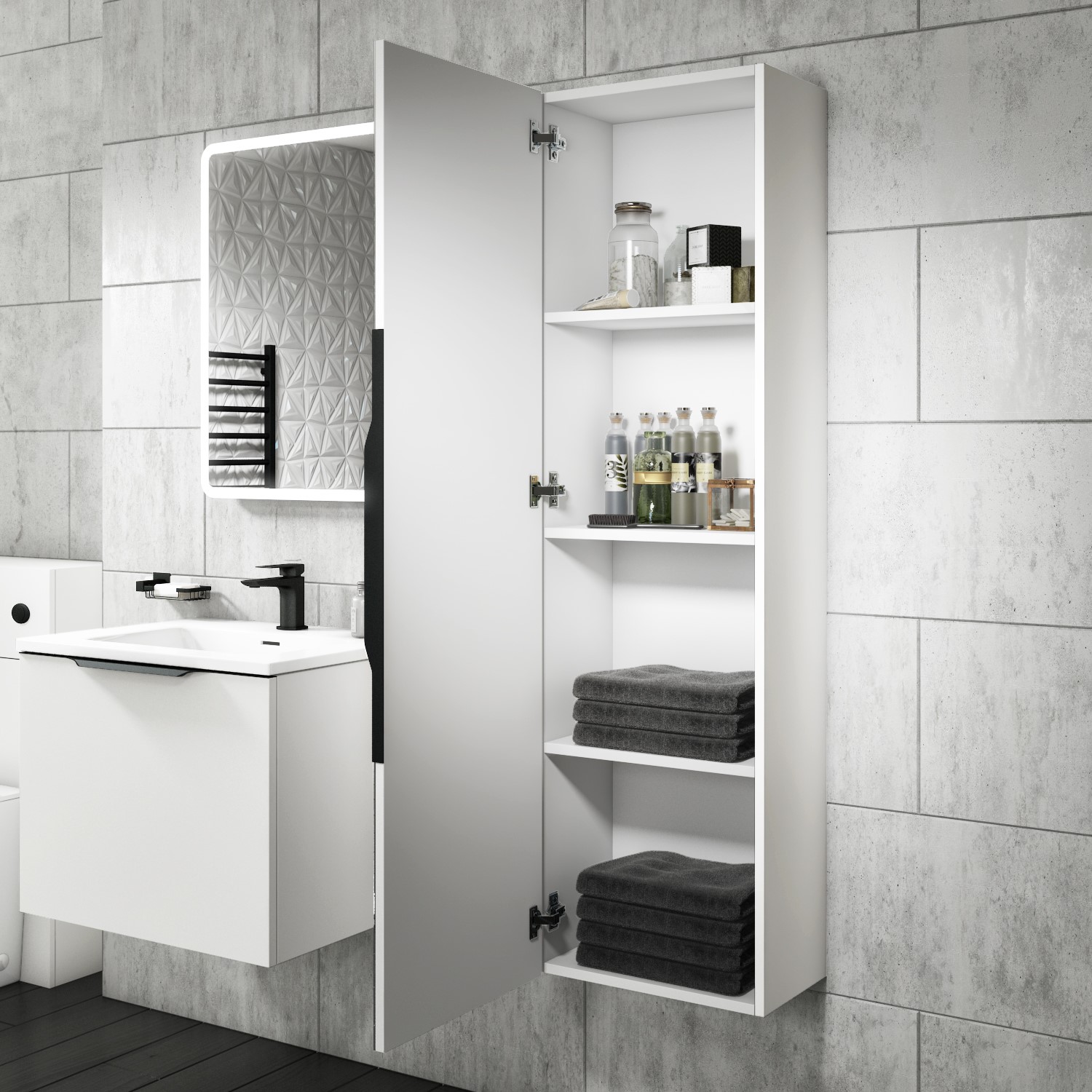 400mm White Mirrored Wall Mounted Tall, Bathroom Wall Mounted Cabinet With Mirror