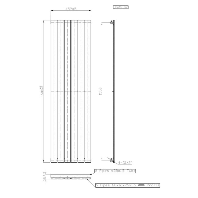 Single Panel Chrome Vertical Living Room Radiator - 1600mm x 452mm 