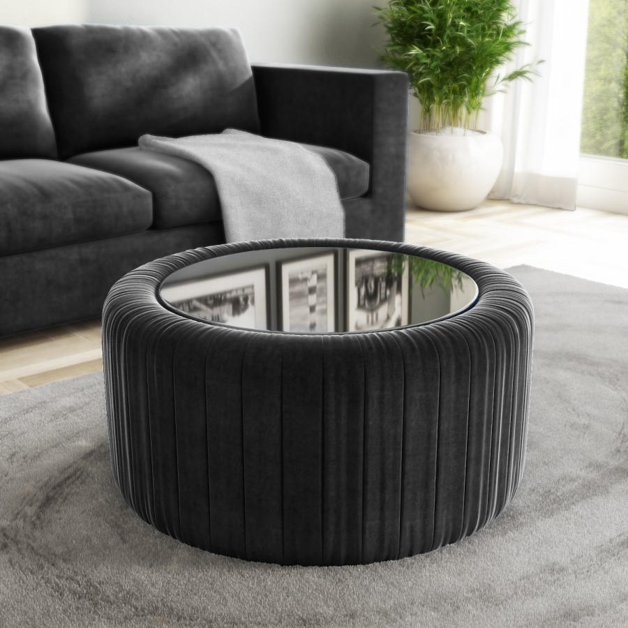 GRADE A1 - Grey Velvet Ottoman Storage Pouffe with Glass Top - Coffee Table - Clio