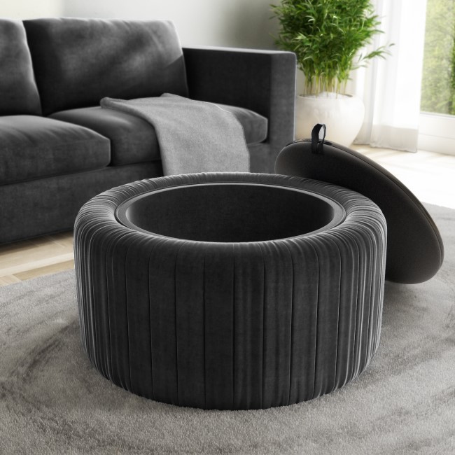 GRADE A1 - Small Dark Grey Round Velvet Ottoman Coffee Table - Clio