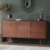 GRADE A1 - Large Sideboard with Storage in Dark Wood & Gold - Dejan