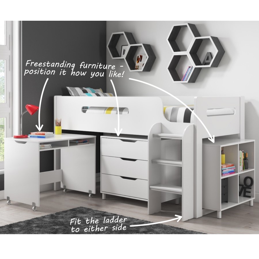 GRADE A1 - Dynamo White Midsleeper Bed with Adaptable Ladder