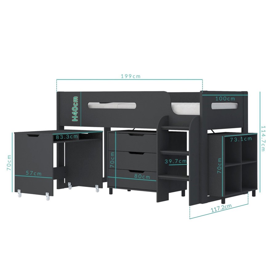 GRADE A1 - Dynamo Dark Grey Cabin Bed - Ladder Can Be Fitted Either Side!