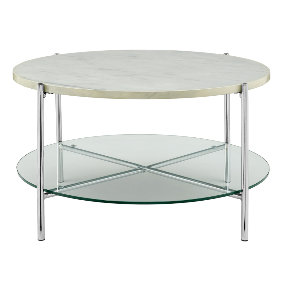 Round White Coffee Table in Faux Marble with Glass Shelf - Foster