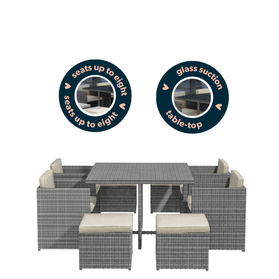 GRADE A1 - 8 Seater Grey Rattan Cube Garden Dining Set - Fortrose