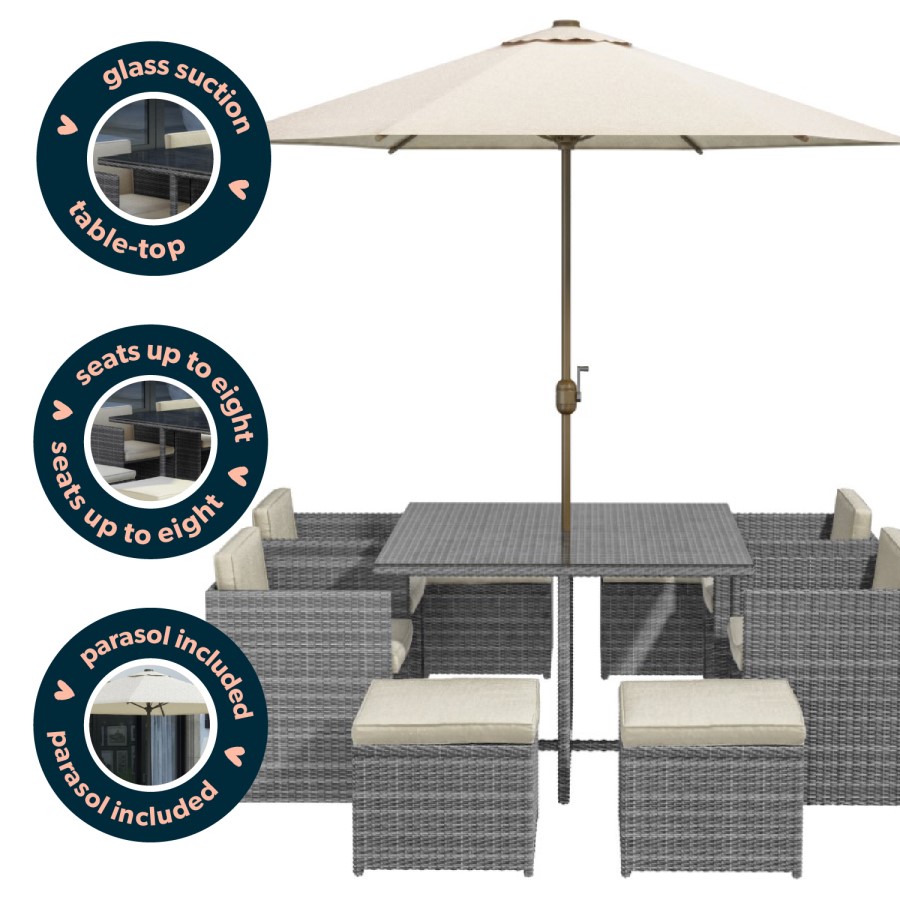 GRADE A1 - Grey Rattan 10 Piece Cube Garden Dining Set - Parasol Included