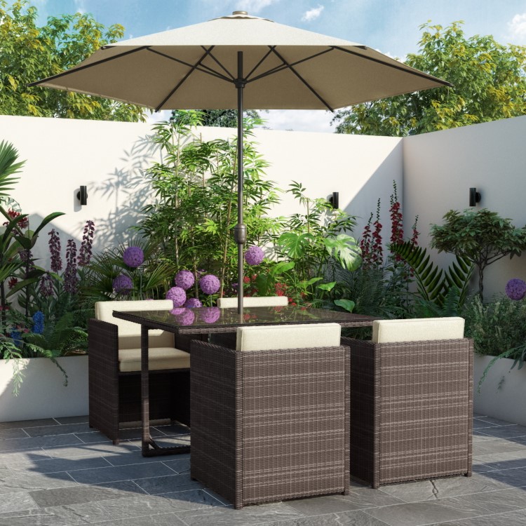 4 Seater Brown Rattan Cube Garden Dining Set - Parasol Included - Fortrose