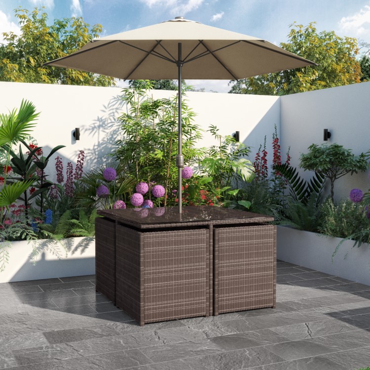 4 Seater Brown Rattan Cube Garden Dining Set - Parasol Included - Fortrose