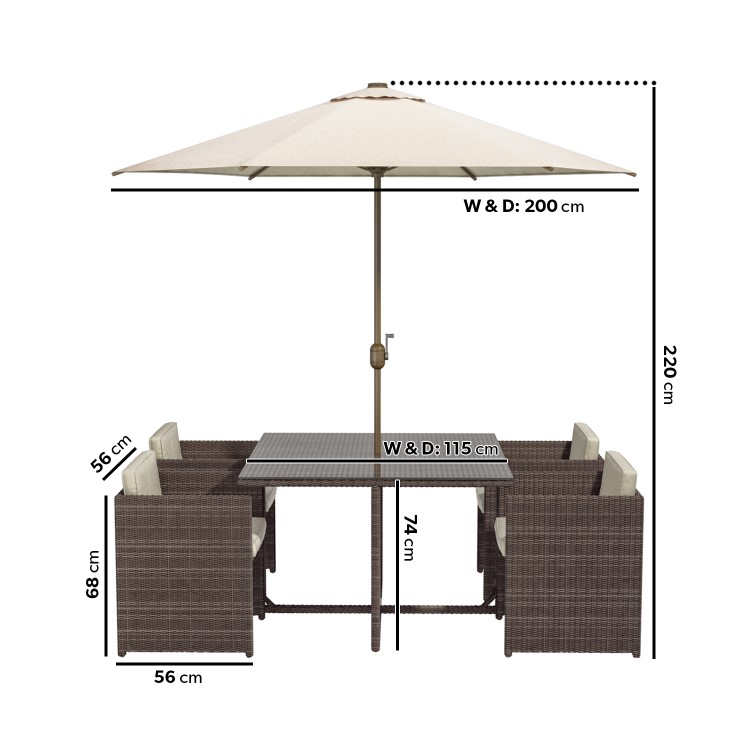 4 Seater Brown Rattan Cube Garden Dining Set - Parasol Included - Fortrose