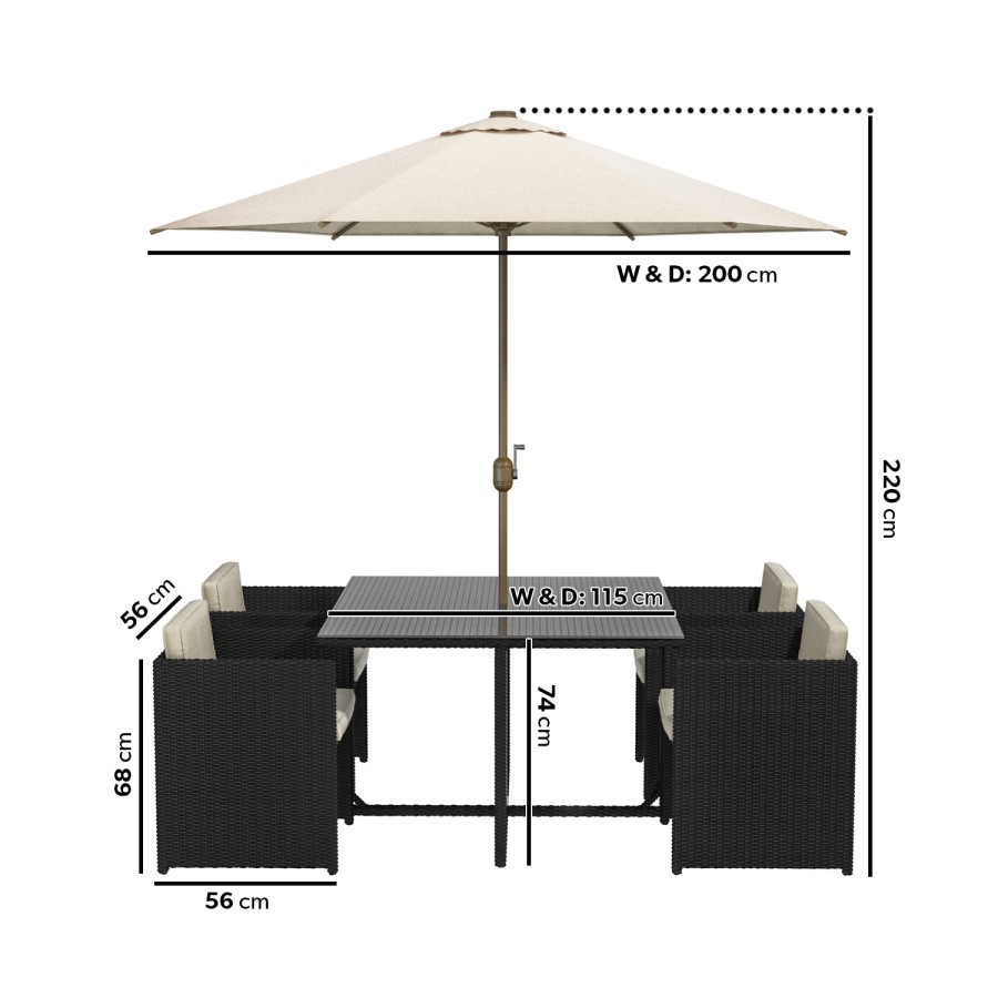 Black Rattan Cube Garden Dining Set - 4 Seater - Parasol Included - Fortrose