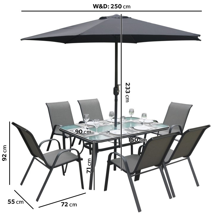 6 Seater Grey Metal Stackable Garden Dining Set with Free Parasol and Base - Fortrose