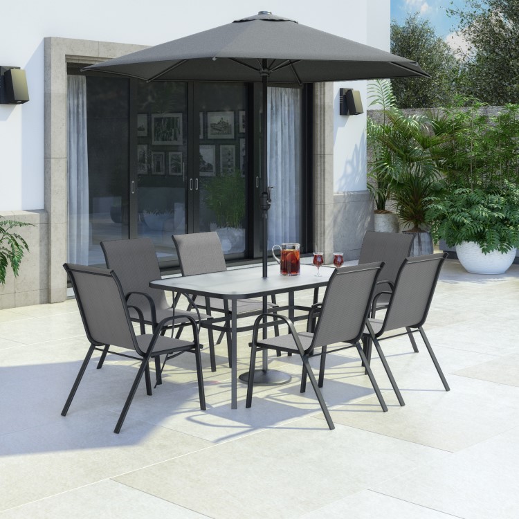 6 Seater Grey Metal Stackable Garden Dining Set with Free Parasol and Base - Fortrose