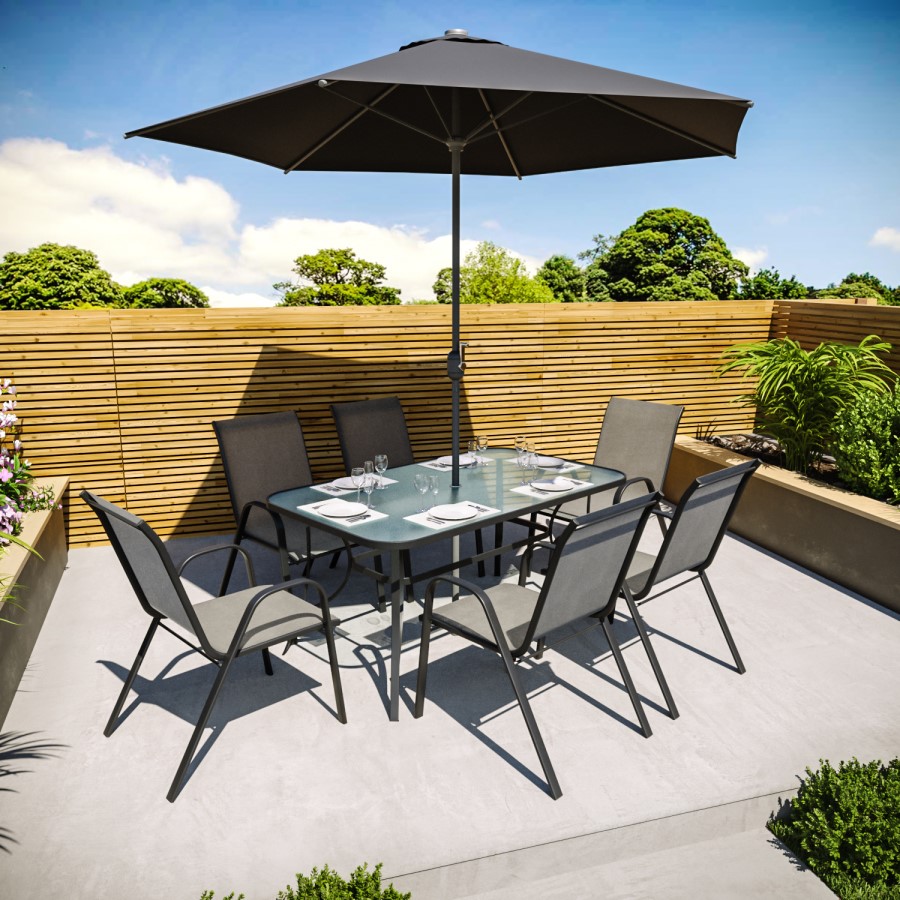 GRADE A1 - 6 Seater Grey Metal Stackable Garden Dining Set with Free Parasol and Base - Fortrose